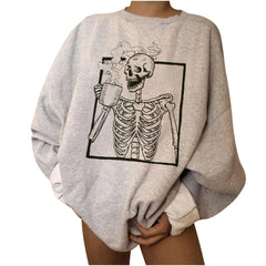 Halloween Skeleton Drinking Coffee Print Sweatshirt