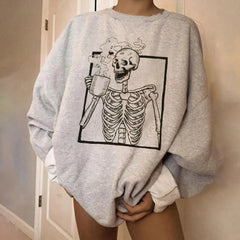 Halloween Skeleton Drinking Coffee Print Sweatshirt