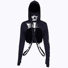 Hoodies Women Black Skeleton Print