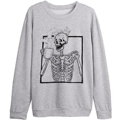 Halloween Skeleton Drinking Coffee Print Sweatshirt