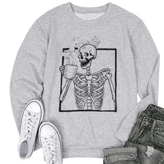 Halloween Skeleton Drinking Coffee Print Sweatshirt